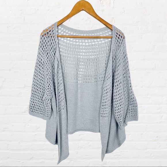 HANDMADE | Misty Grey Blue Lace Knit Flowy Open Front Cardigan Duster Coverup - Picture 7 of 8